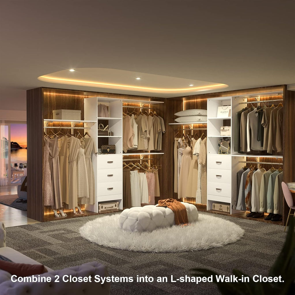 96" Wood Closet System with 3 Enclosed Drawers & 3 Solid Shelves, 8FT Adjustable Closet Organizers and Storage, Heavy