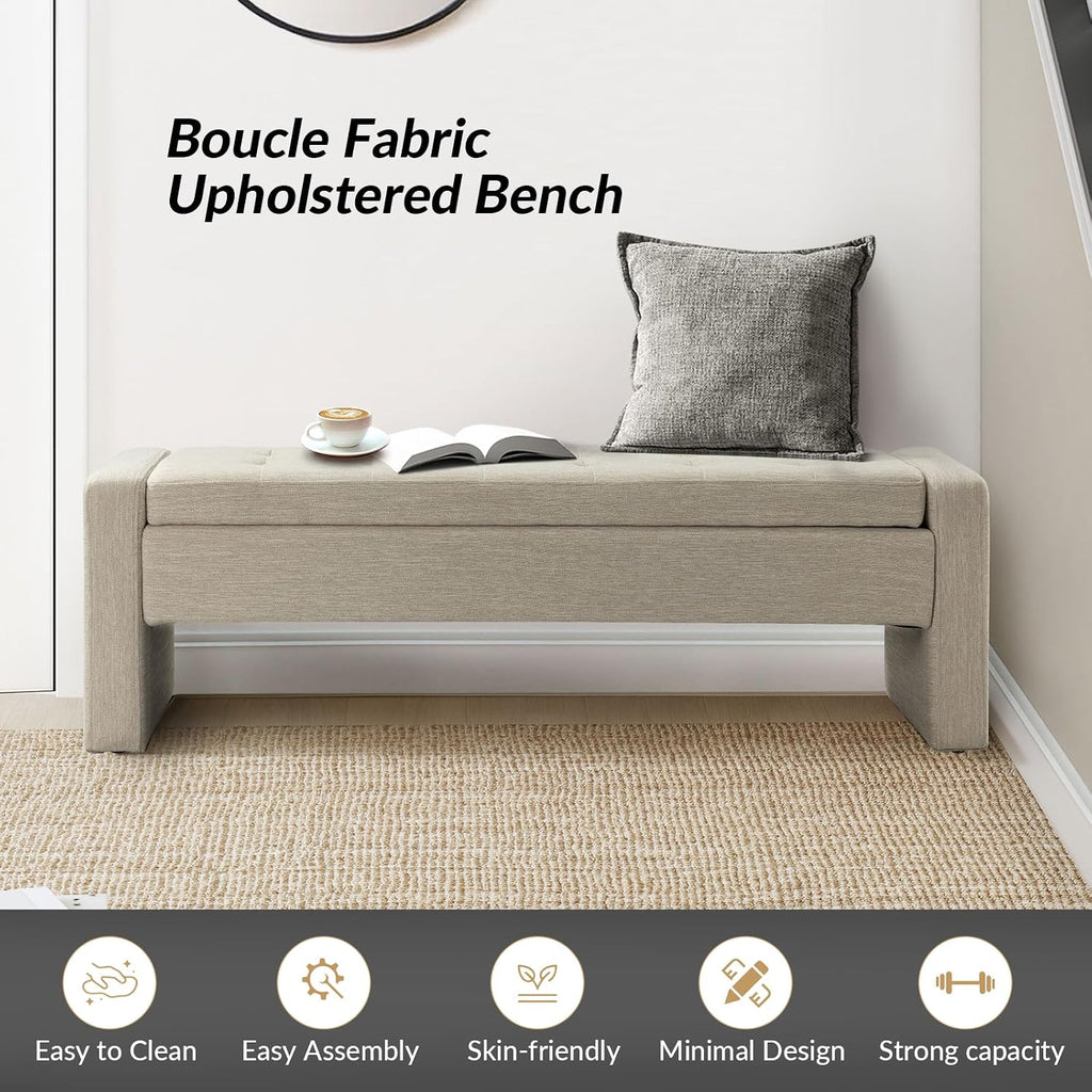 55" Modern Upholstered Storage Bench with Tufted Seat, Fabric Ottoman Bench , or Living Room, Soft Close Hinge,Beige