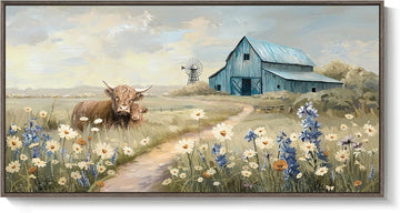 Framed Large Barn Farmhouse Canvas Wall Art , Highland Cow Windmill Wildflower Pictures Wall Art Decor Vintage
