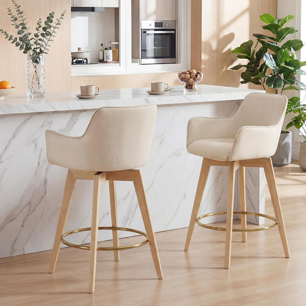 Modern 26" Bar Stools Counter Height Set of 2, Swivel Kitchen Island Tall Chairs with Back, Arm, Footrest and Solid