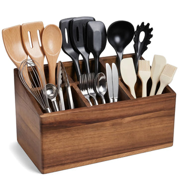 Kitchen Utensil Holder for Countertop, Wooden, Inclined Open Design