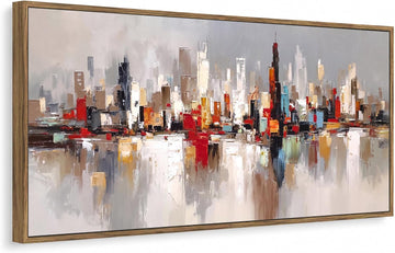 Large Modern Cityscape Wall Art, Framed Abstract Skyline Canvas Artwork, Contemporary Urban Decor Bedroom Office