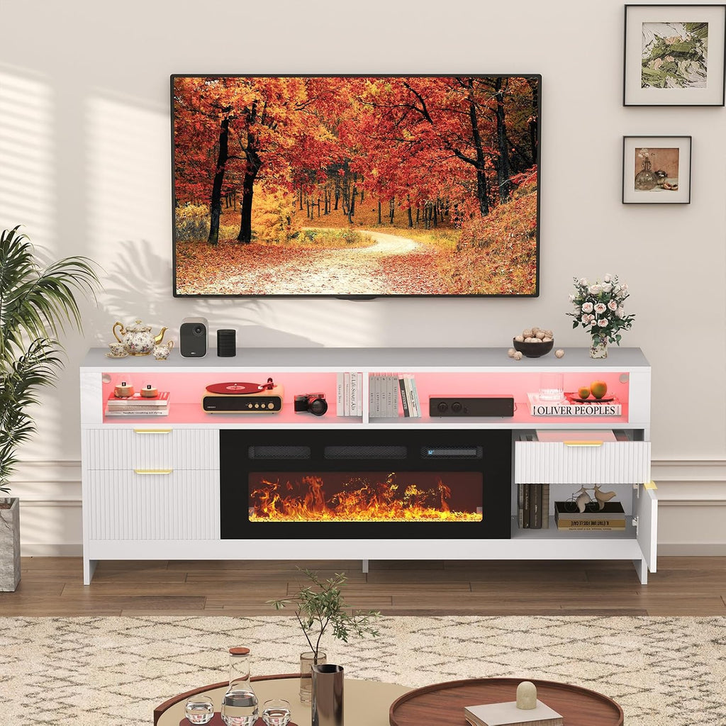 Fireplace TV Stand with 36" Fireplace Up to 80" TVs, 70" Entertainment Center with LED Lights, Storage Cabinets