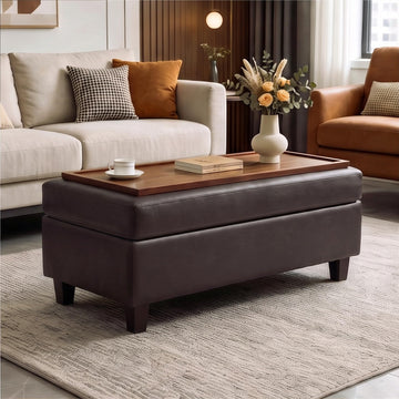 45" Ottoman Coffee Table with Storage, Reversible Wooden Tray Top, Large Storage Ottoman Bench, Leather Upholstered