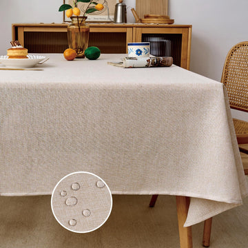 Oatmeal Linen Tablecloth 120 Inch, Rustic Textured Table Cloth Water Resistant Farmhouse Table Cover Dining Party