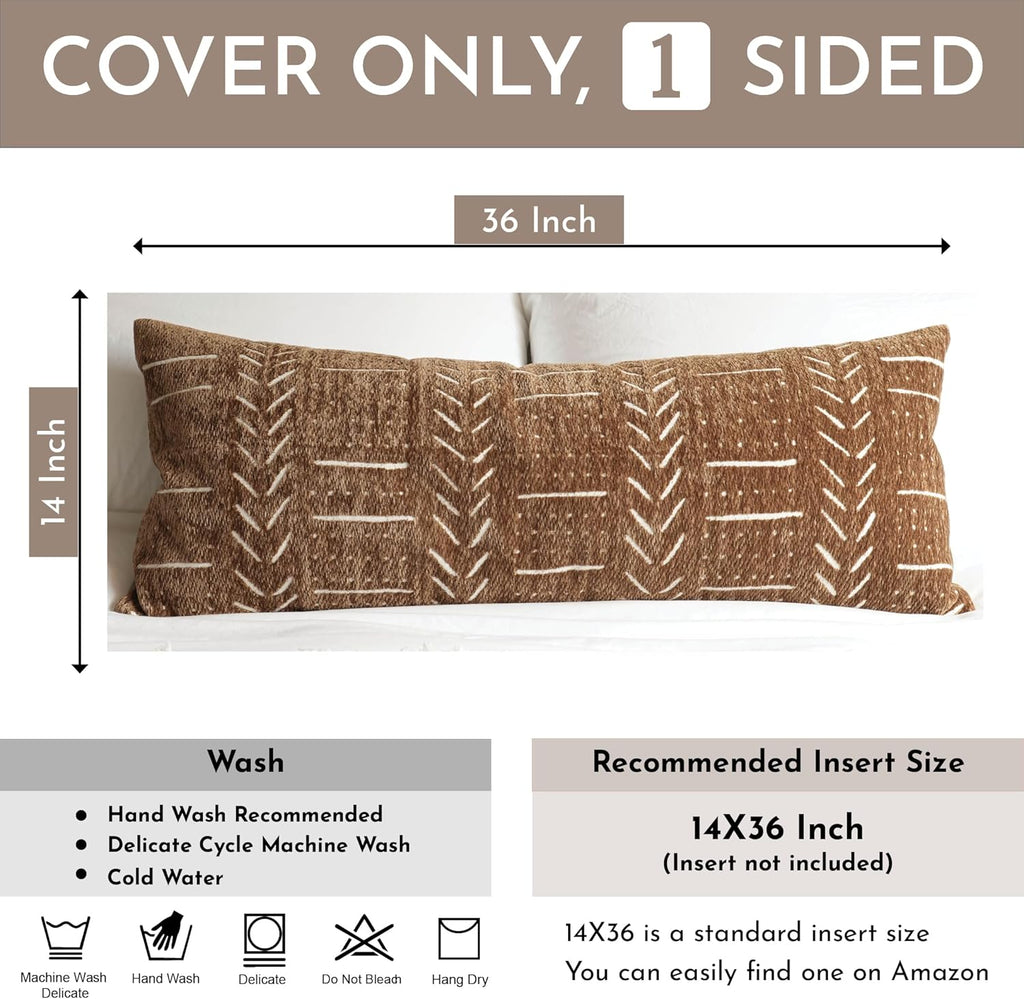 Boho Lumbar Throw Pillow Cover 14X36, Brown Decorative Long Accent Body Lumbar Pillow, Farmhouse Woven Textured