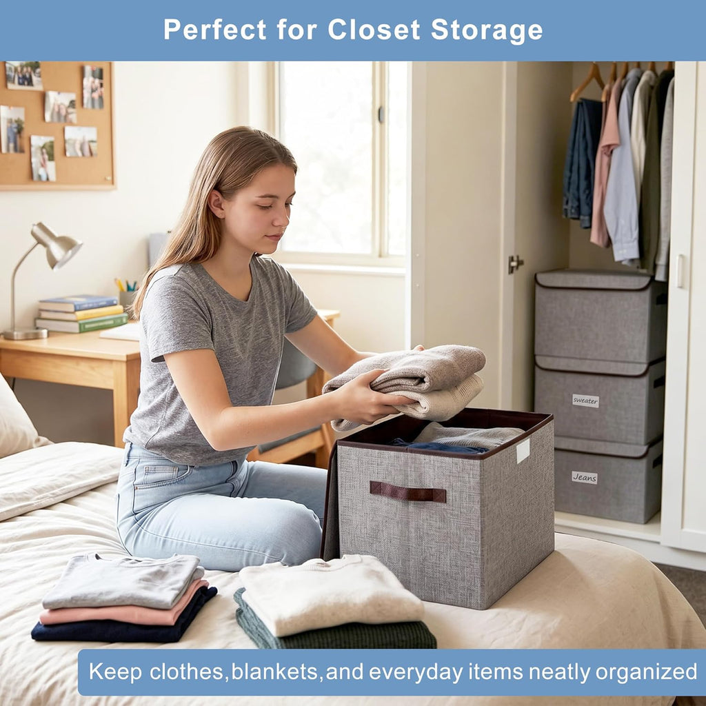 Large 22 Quart Linen Fabric Foldable Storage Bin Cube Organizer Basket with Flip-Top Lid & Handles, Clothes Blanket