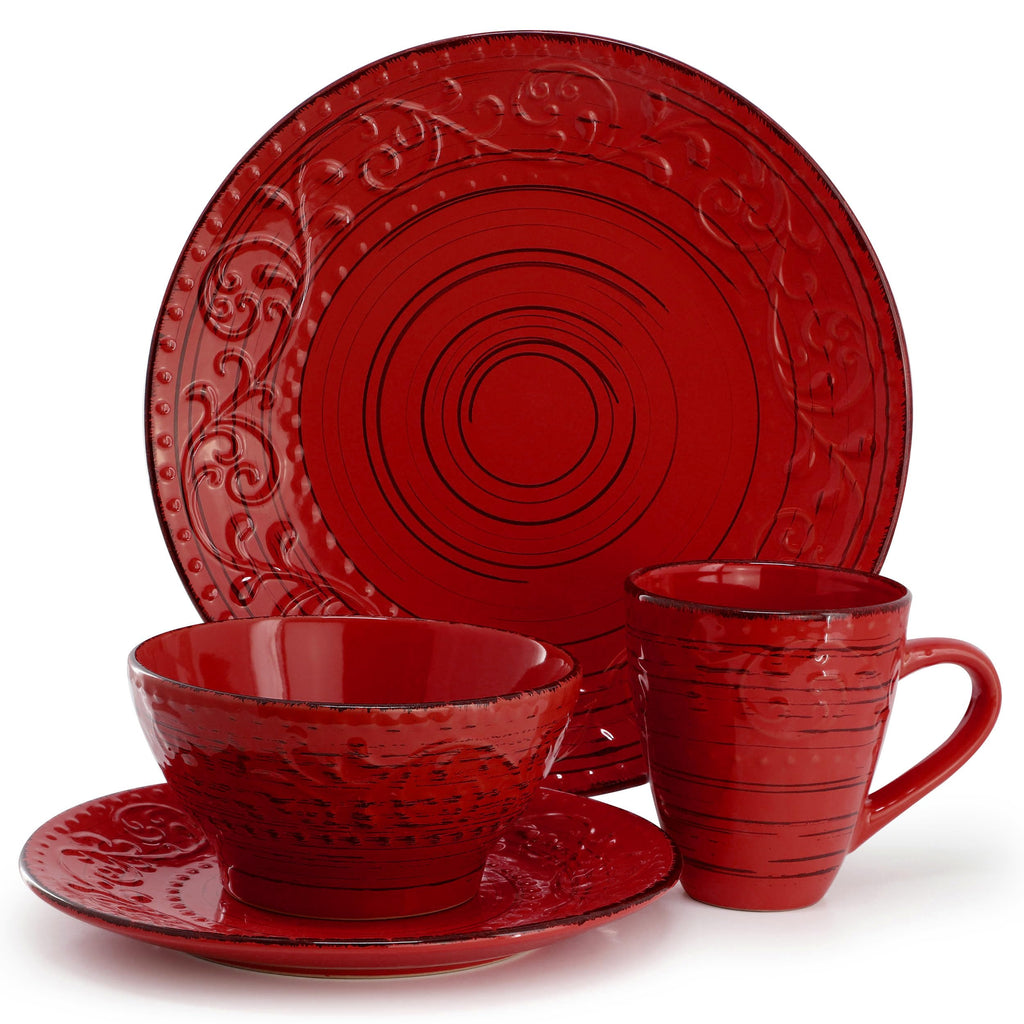 Malibu Ocean Bloom 16-Piece Stoneware Embossed Pattern Reactive Glaze Red Dinnerware Set, Tableware, Serveware Set