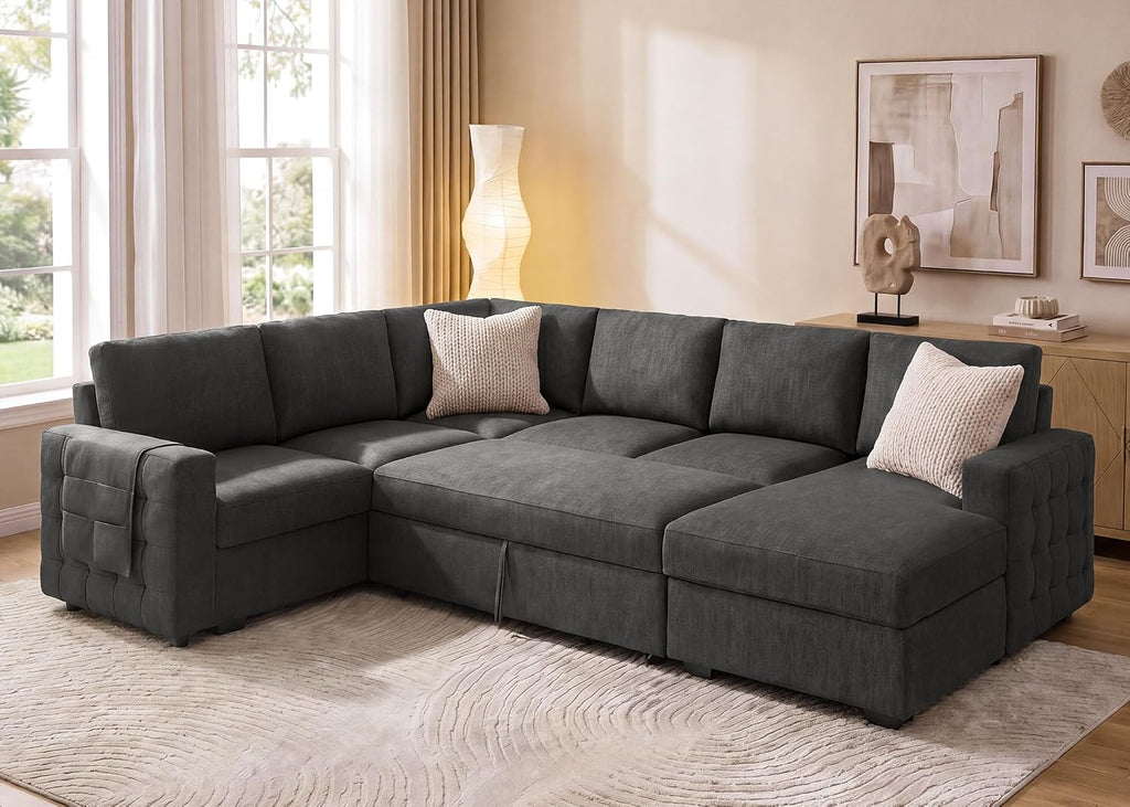 Sectional Couch with Pull Out Bed, U-Shaped Sectional Sleeper Sofa with Storage, 6 Seater Sectional Sofa Bed, Mid-Grey
