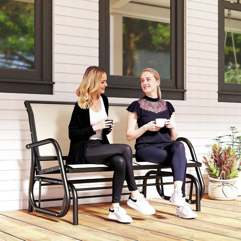 Glider Bench Chair, 2-Person Outdoor Patio Loveseat Swing Rocking Chair with Powder Coated Steel Frame, Beige Double