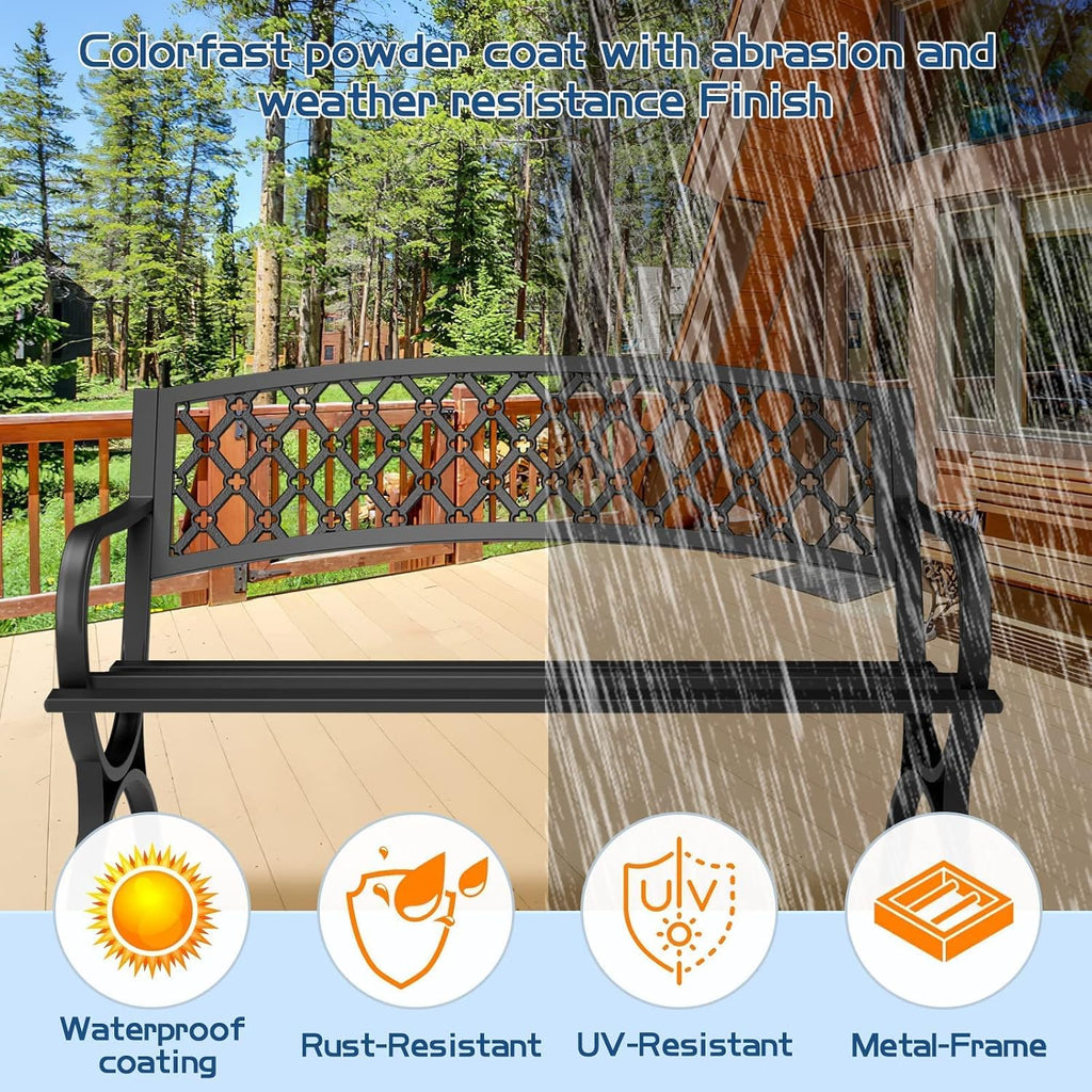Outdoor Bench Garden Benchs, Weatherproof Anti-Rust Heavy-Duty Outside Bench Clearance, Wrought Iron Metal Bench for