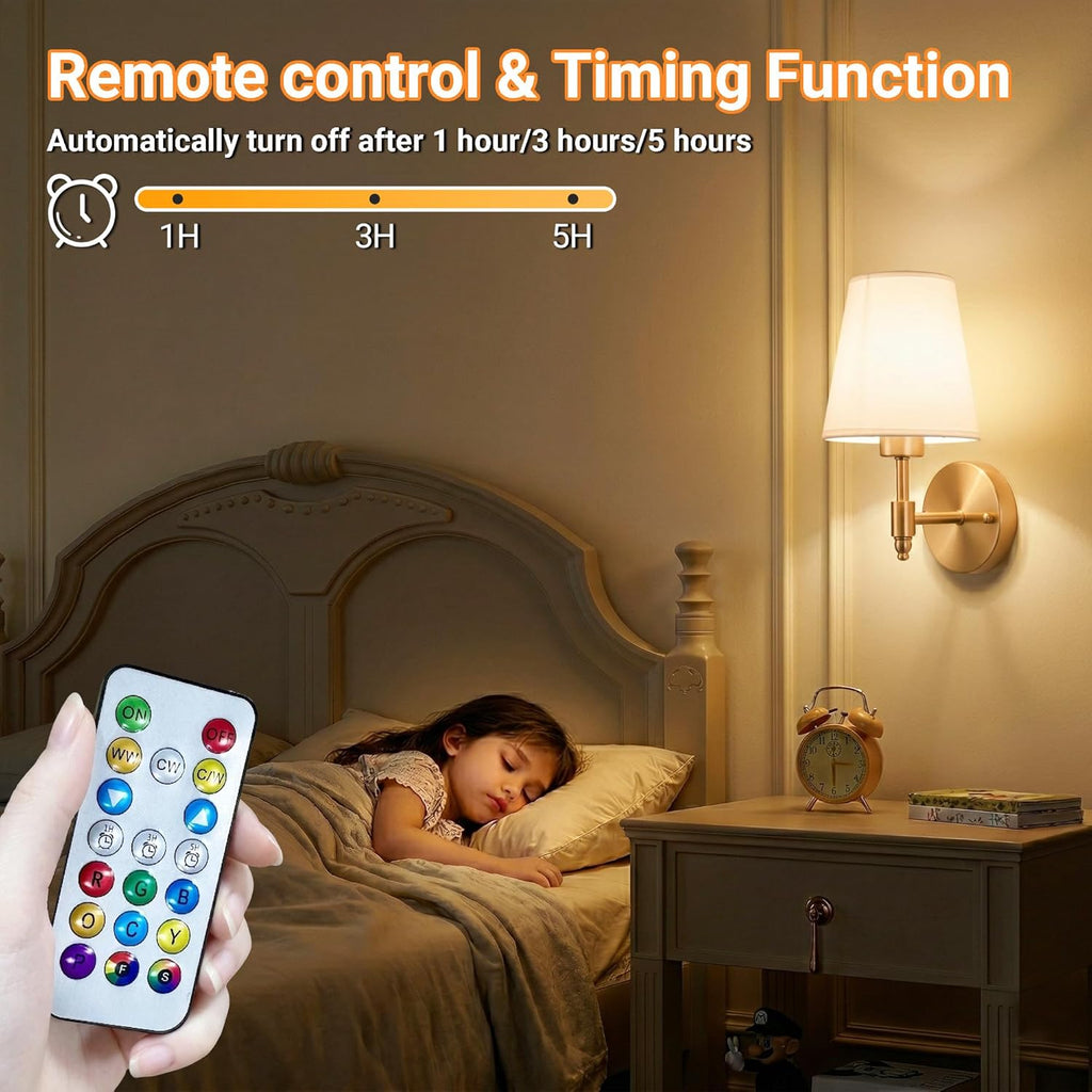 Battery Operated Wall Sconces Set of Two, Wireless Battery Wall Light with 10000mAh RGB Dimmable Magnetic Bulb and Remote, Rechargeable Sconce Wall Decor for Bedroom Living Room Hallway