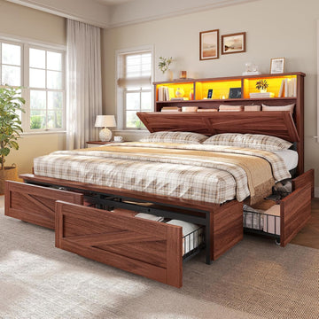 Full Bed Frame with 6 Drawers, Farmhouse Bed Frame with Barn Door Headboard and Storage, Wood Platform Bed Frame Full