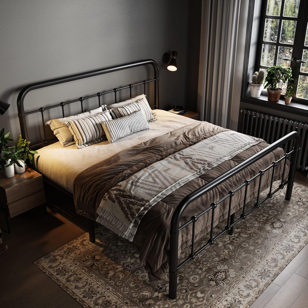 Queen Metal Platform Bed Frame with Victorian Style Wrought Iron-Art Headboard/Footboard, No Box Spring Required, Black