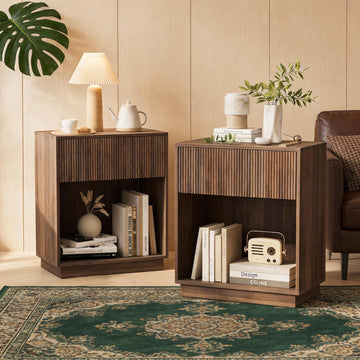 Fluted Nightstands Set of 2, Modern Bedside Table with Storage Drawer and Open Wood Shelf, Wood End Table Mid Century