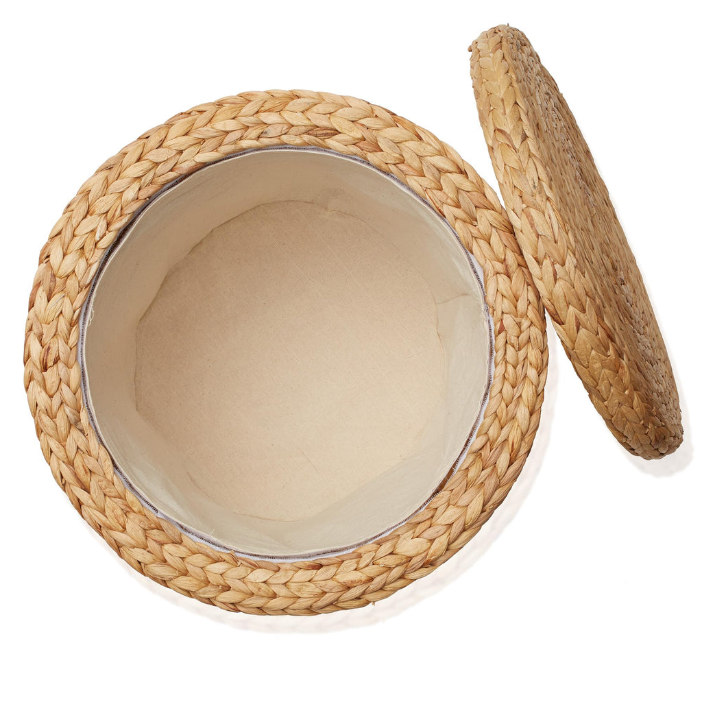 17" Round Storage Ottoman with Lid - Natural, Handwoven Water Hyacinth Footstool
