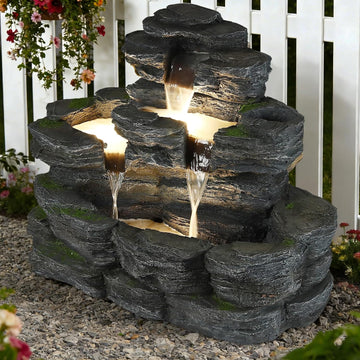 4-Tier Outdoor Water Fountain, 29.7" L Rustic Rock Waterfall Fountain with LED Lights