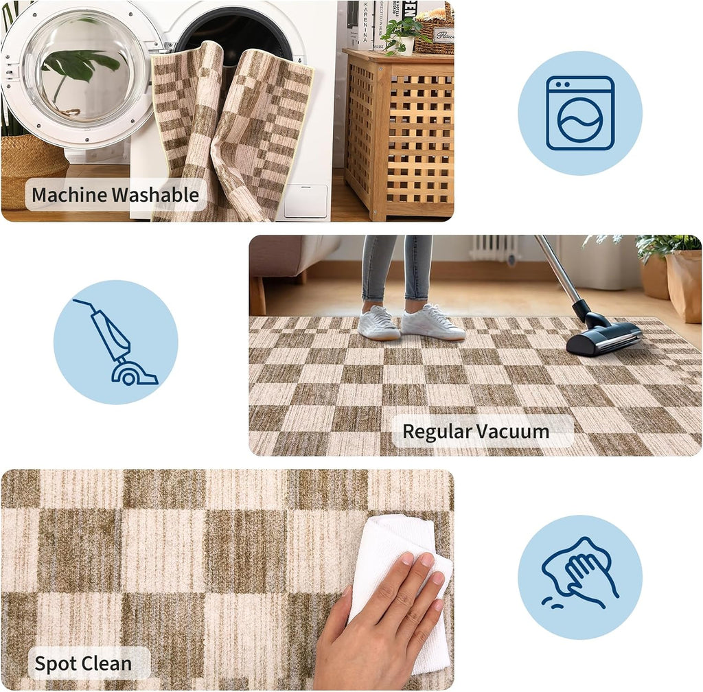 2x6 Kitchen Runner Rug Non Slip Washable Runner Rug | Brown Checkered Rug Soft Low-Pile Geometric Tan Print Modern