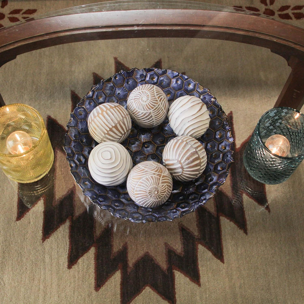 Set of 6 Decorative Orbs, 3 Inch Whitewashed Geometric Resin Spheres | Three Distinct Designs, Hand-Carved Wood Look