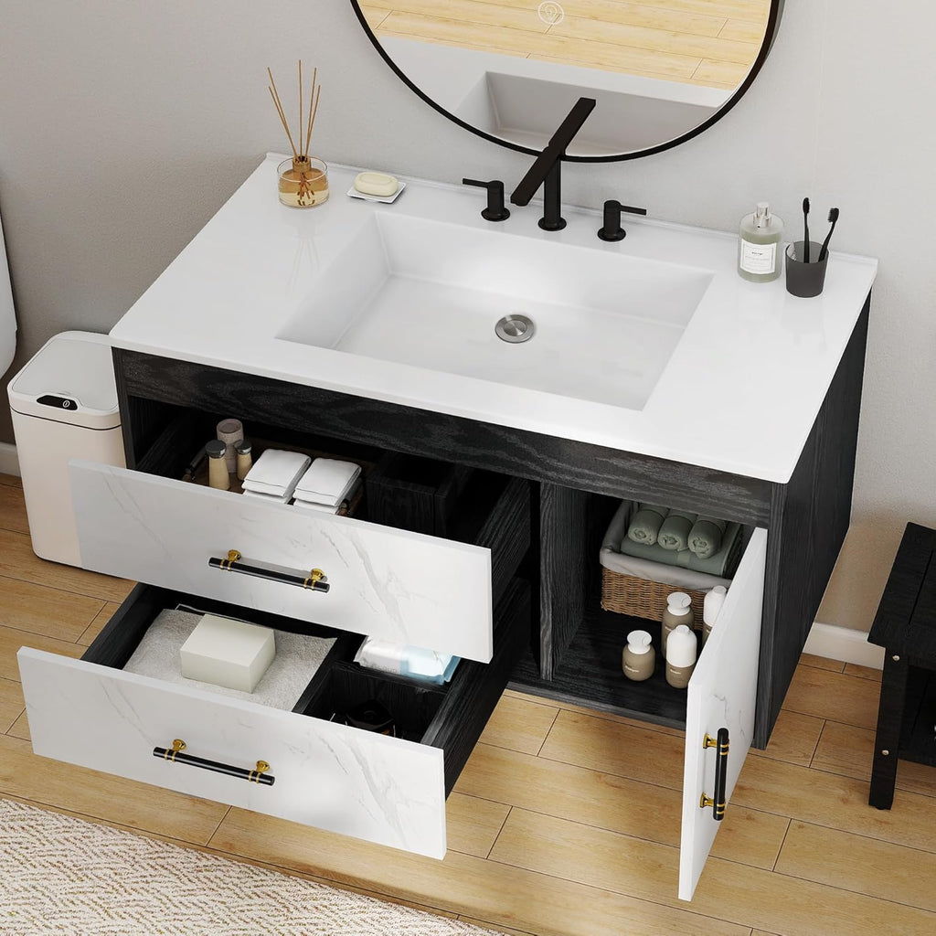 36 Floating Vanity with Sink, Wall Mounted Bathroom Cabinet Vanity with Soft-Close System Cabinet, Marble Pattern
