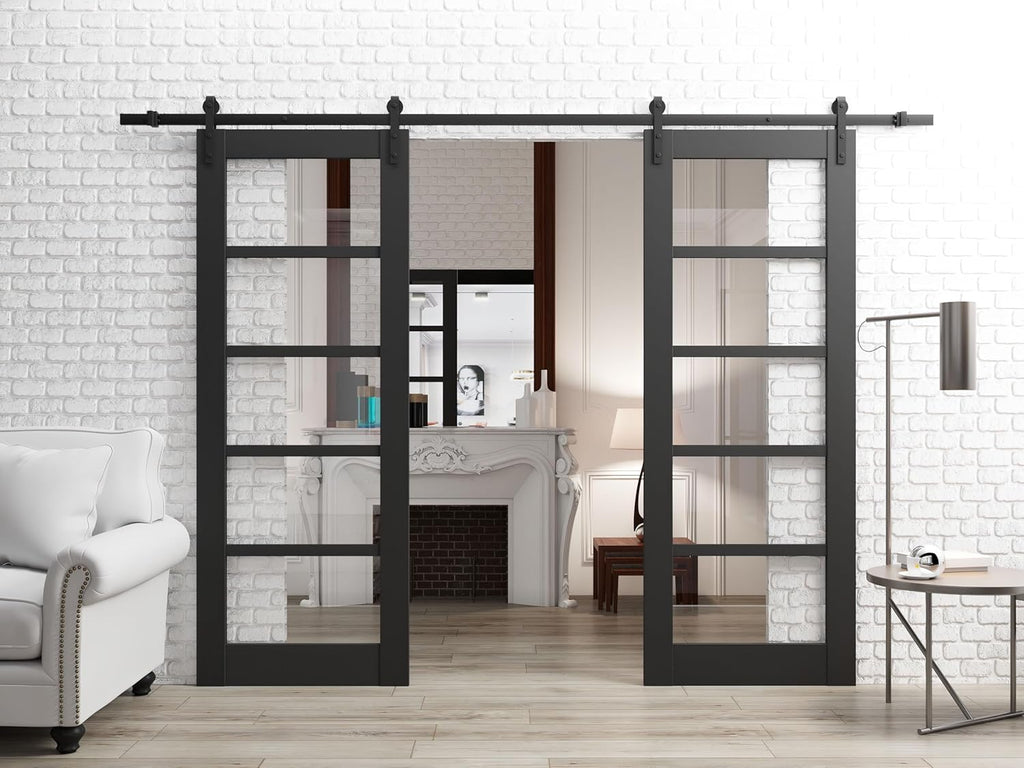 Quadro 4522 | Interior Sliding Double barn Doors with Clear Glass, MDF, 30x96, Black, Modern Style |