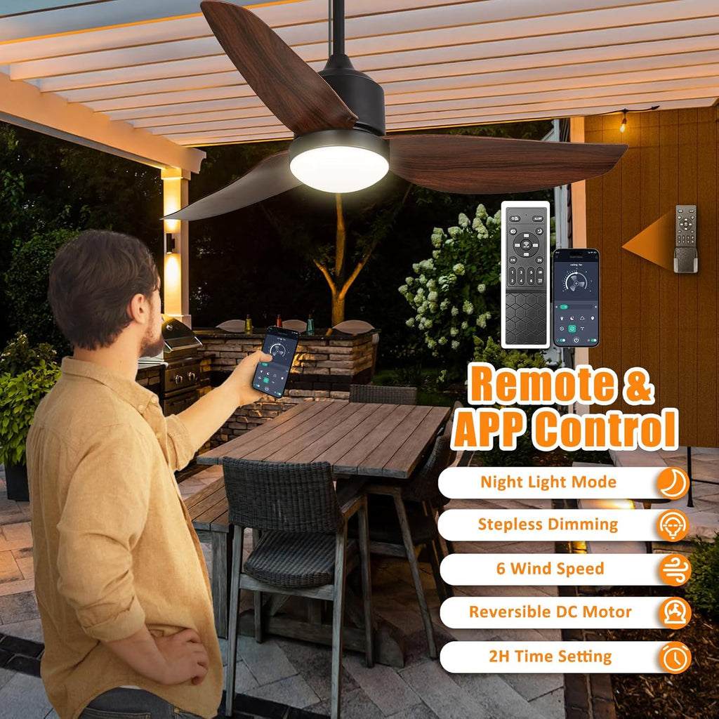 42 Inch Waterproof Gazebo Fans with Lights Outdoor Hanging - Plug in Remote App Control for Patio Indoor Farmhouse Porch - 6 Speed Reversible DC Motor Walnut