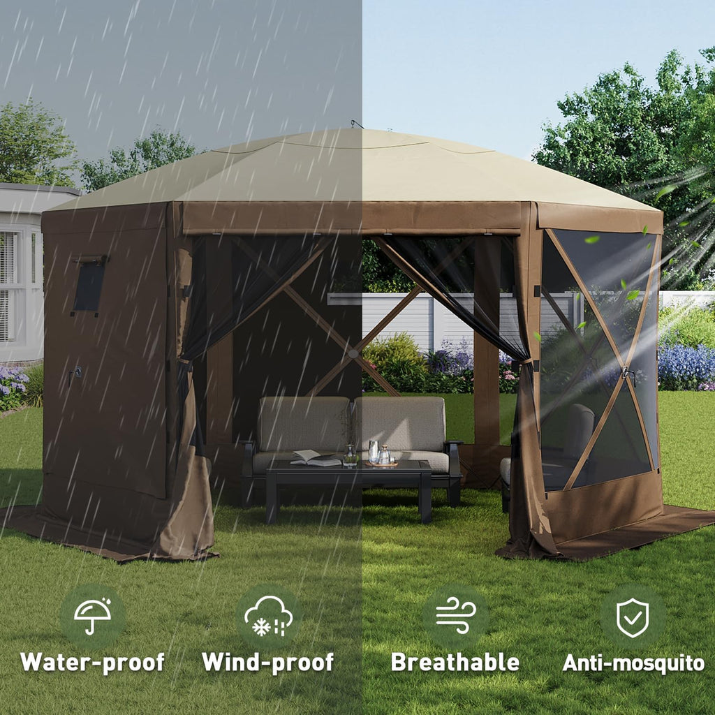 12x12FT Pop Up Canopy Tent, 6-Sided Pop-up Gazebo Screen Tent with Mesh Windows