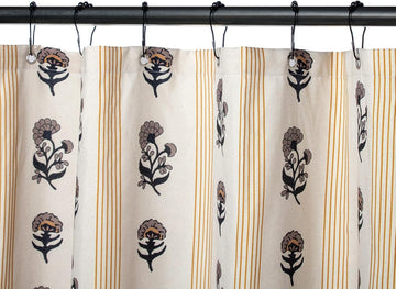 Brown Floral Linen Shower Curtain - Vintage Block Print Striped Shower Curtain Set,Rustic Farmhouse Frenchy Bathroom