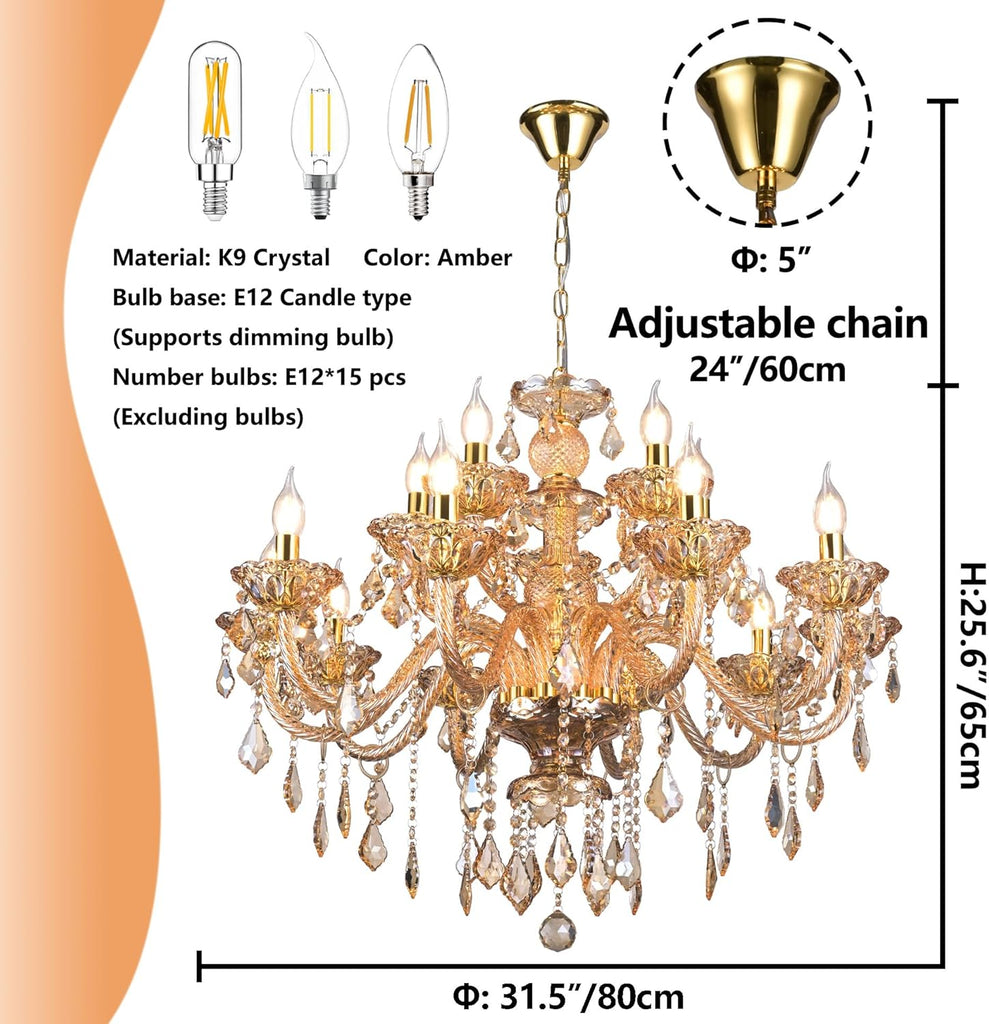 Luxury K9 Crystal Amber Color Modern Classic 15 Lights Ceiling Chandelier with Adjustable Height E12 Candelabra Base Fixture for Dining Room Kitchen Living Room