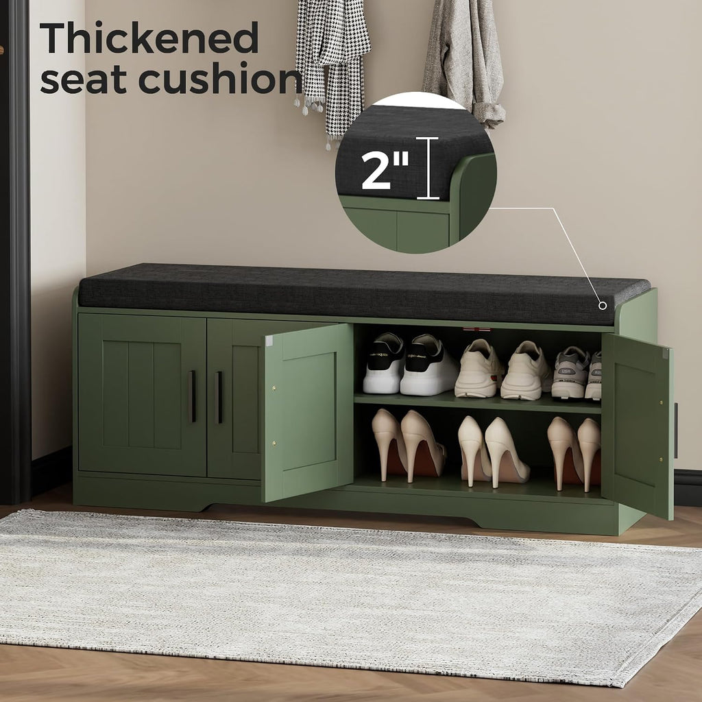 2-Tier Storage Bench, Shoe Bench with Thickened Padded Seat Cushion, Entryway Bench with 4 Doors, Adjustable Shelf