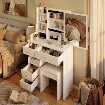 29.2" Small Space Makeup Vanity Table with Stool, Sliding Large Mirror Dressing Desk with Drawer Storage, Compact