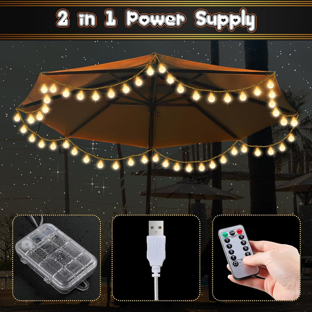 2 Pack 32 Feet Patio Umbrella Lights, 8 Lighting Modes LED String Lights with 64 Pcs Shatterproof Globe