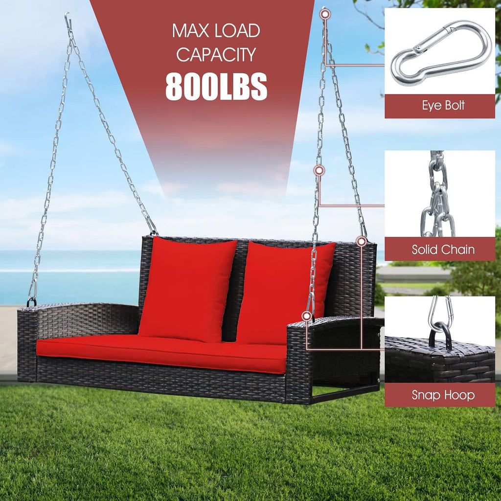 2-Person Wicker Porch Swing, Patiojoy Outdoor Rattan Hanging Swing Bench W/ 2 Back Cushions & 1 Seat Cushion, Sturdy
