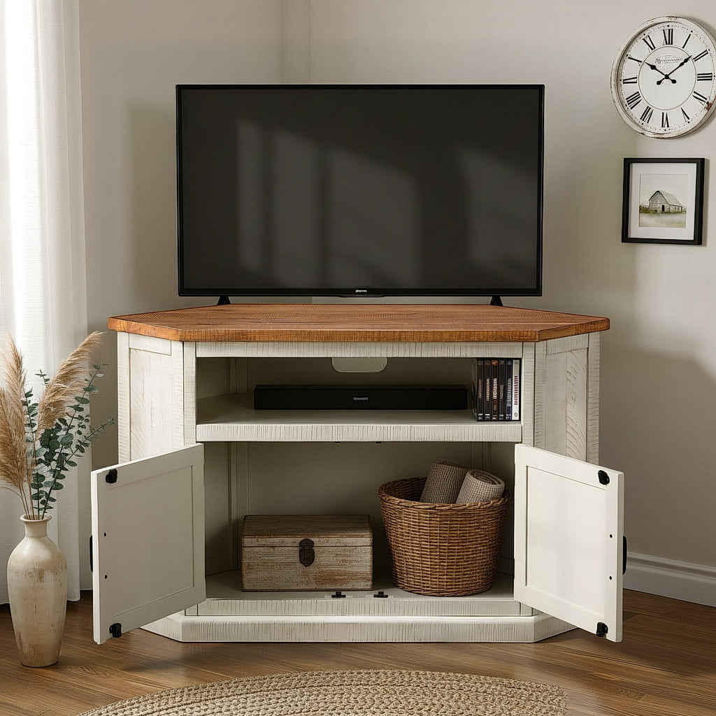 Rustic Corner Solid Wood TV Stand, White and Honey