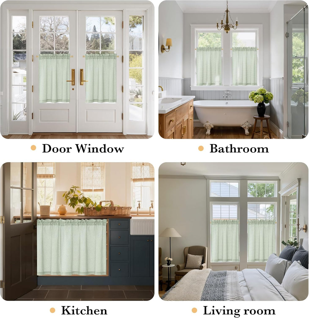 Sheer Linen Curtains, Light Green Plaid Cafe Curtains for Living Room Bedroom, Farmhouse Bathroom