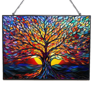 Rectangle Tree of Life Stained Glass Window Hanging Window Suncatcher Glass Panel with Metal Chain Sun Catchers Wall