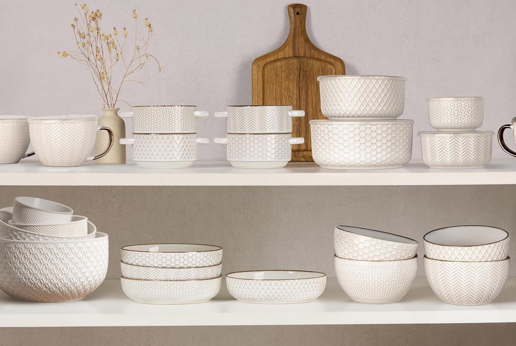 Serving Bowls, with Lids, Ceramic Nesting Bowls, Set of 4, Embossed, Kitchen, Prep, Stackable, Gift, Microwave and
