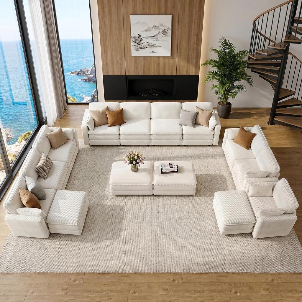 L Shaped Couch Sectional Sofa with Chaise 3 Seat Couch Modular Cloud Sofa Corduroy Couch Cream White Living Room