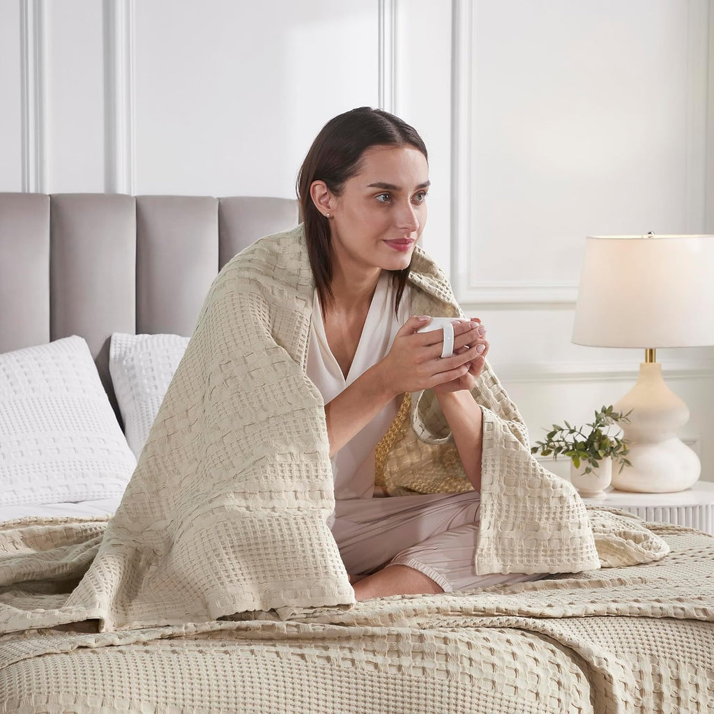 100% Cotton Waffle Weave Natural Throw 50x60, Decorative Cotton Throw Blanket, Boho Farmhouse Bedroom, Living Room