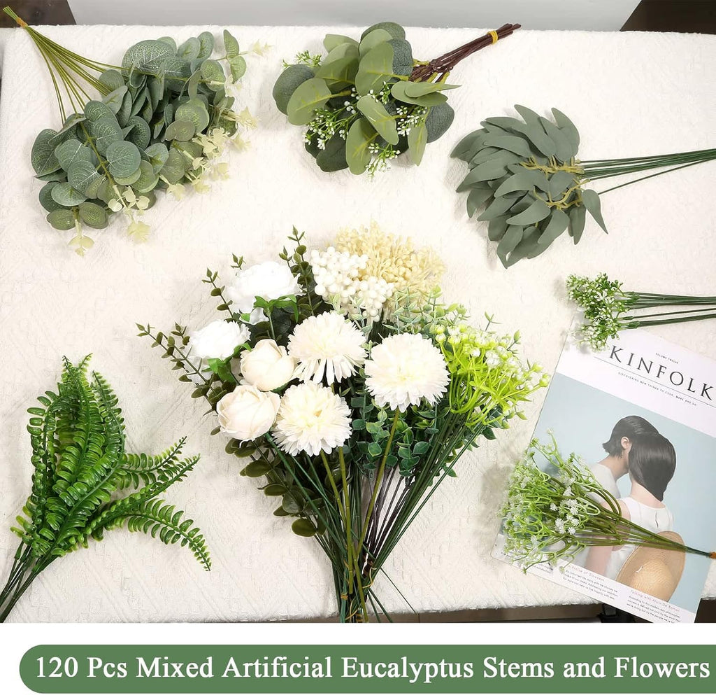 120 Pcs Mixed Artificial Eucalyptus Stems Flowers Bulk, 15 Kinds | Fake Silver Dollar Eucalyptus Faux Silk Greenery