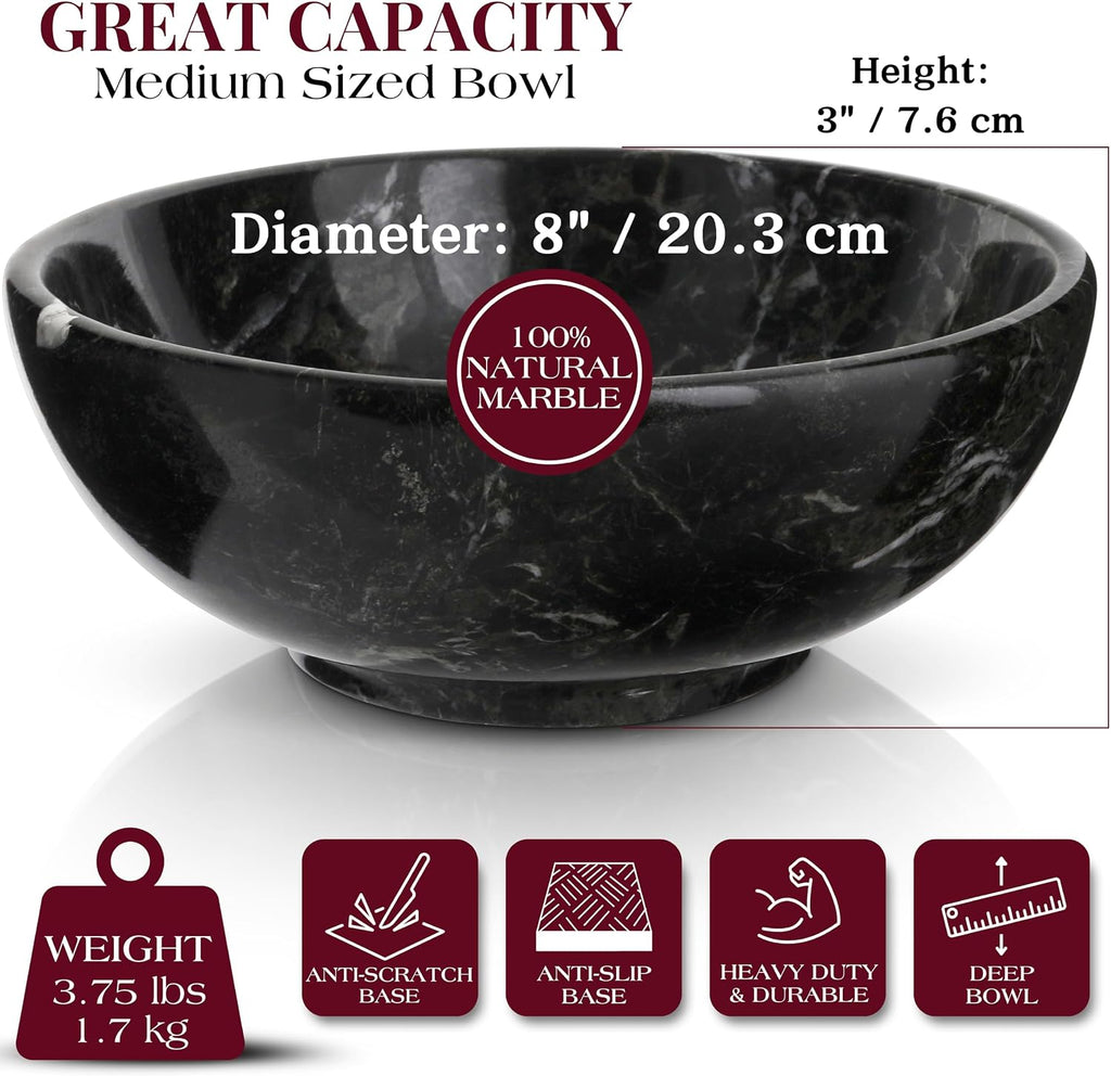 8" Luxury Black Marble Decorative Bowl for Coffee Table - Elegant Modern Fruit Bowl Counter - Heavy Stone Entryway