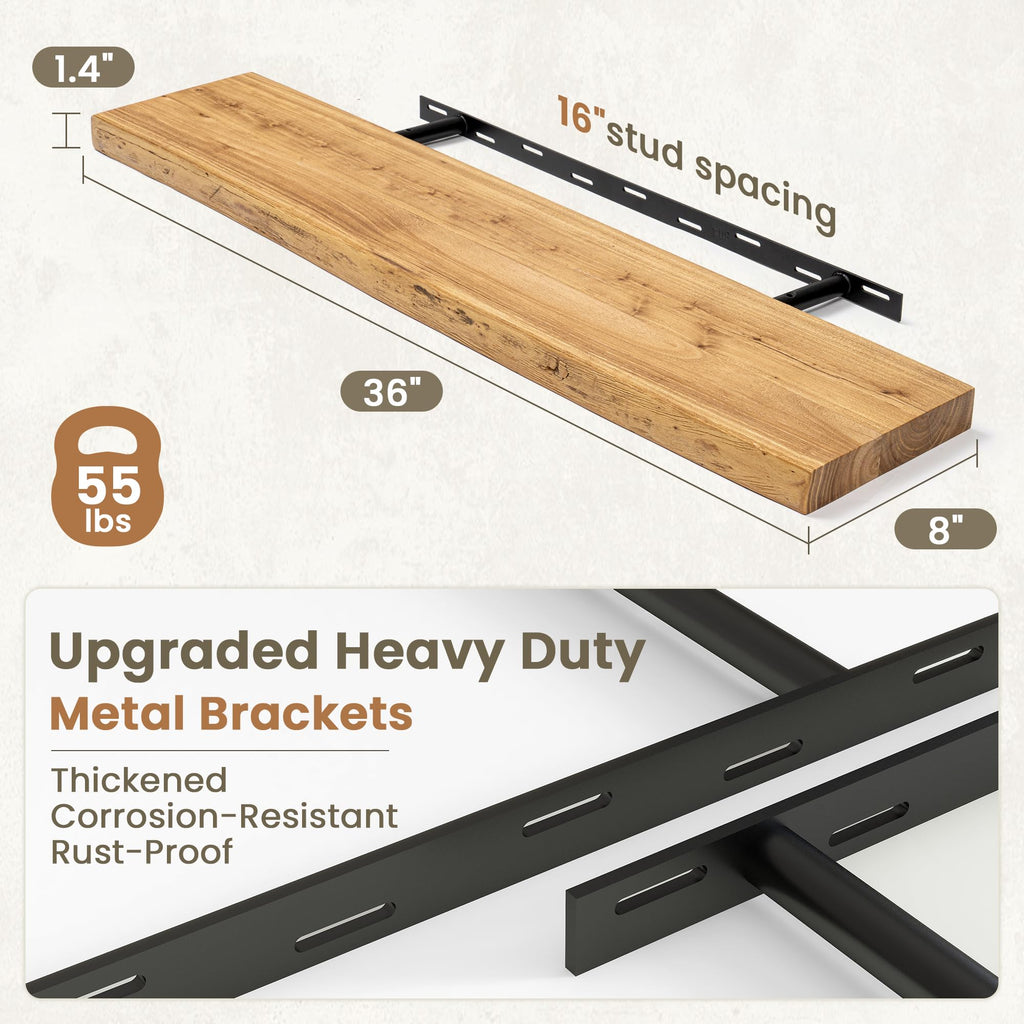 Solid Elm Wood Live Edge Floating Shelves for Wall, 36 x 8 Inch Rustic Wall Shelves Set of 2 with Invisible Brackets