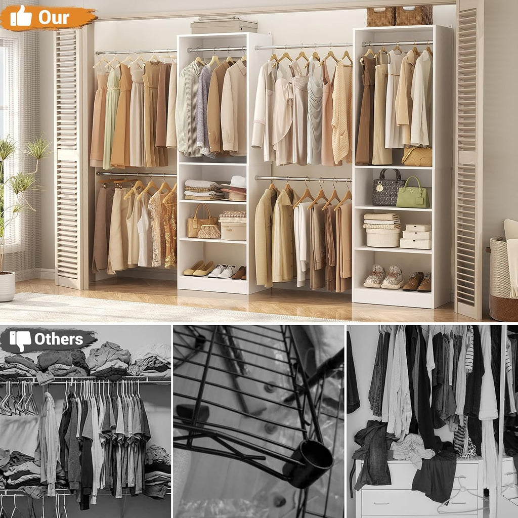 Closet System, 4.5-11.5 Ft Expandable Closet Organizer, White | 5 Hanging Rods, Walk-in Wood Closet Organizer System