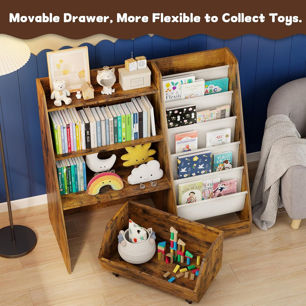 Kids Bookshelf and Toy Storage, 4 Tier Toddler Bookshelf with Movable Drawer (Brown)