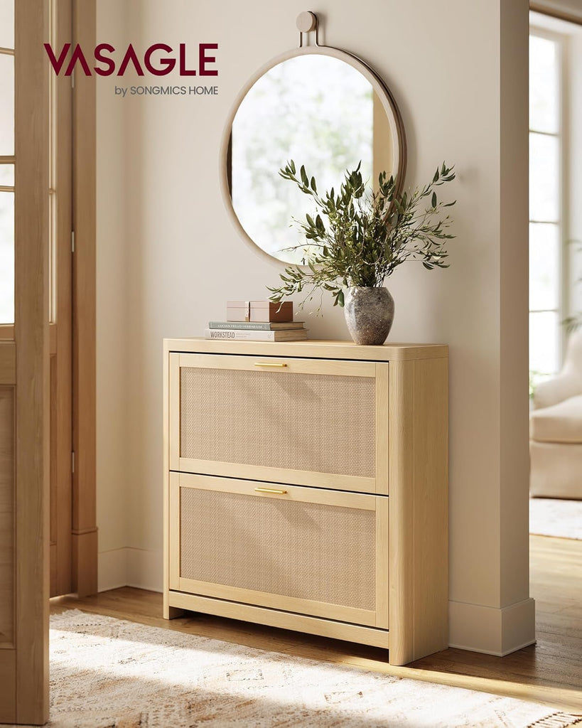 Boho Shoe Storage Cabinet Slim, Entry Shoe Cabinet with Rattan-Look Flip Drawers, Rounded Corners