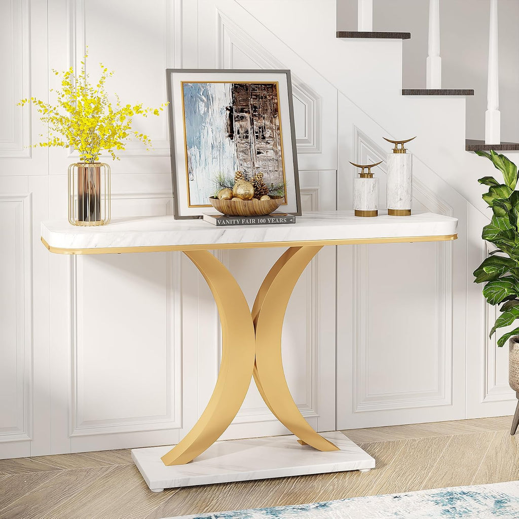 Modern Gold Console Table, 40 inch Narrow Entryway Foyer Table with Geometric Base, Rustic Hallway Accent Table