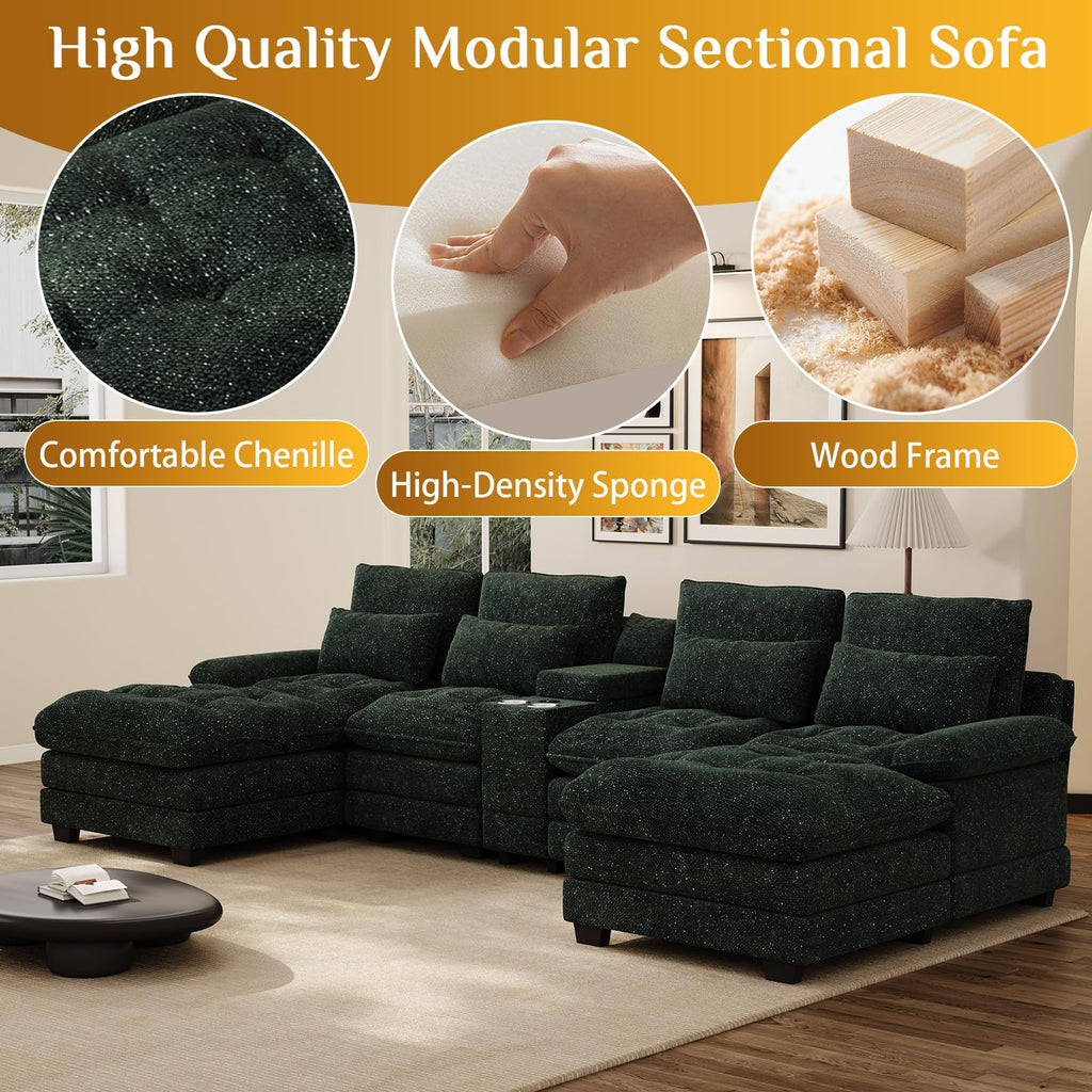134" U-Shaped Shimmer Chenille Sectional Couch, Green