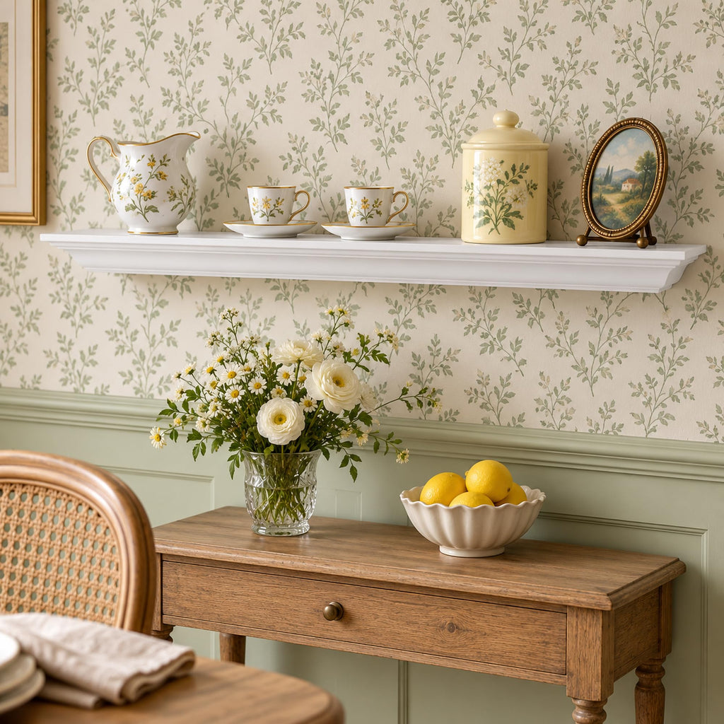 36" White Floating Shelf, Solid Pine Crown Molding Mantel Shelf