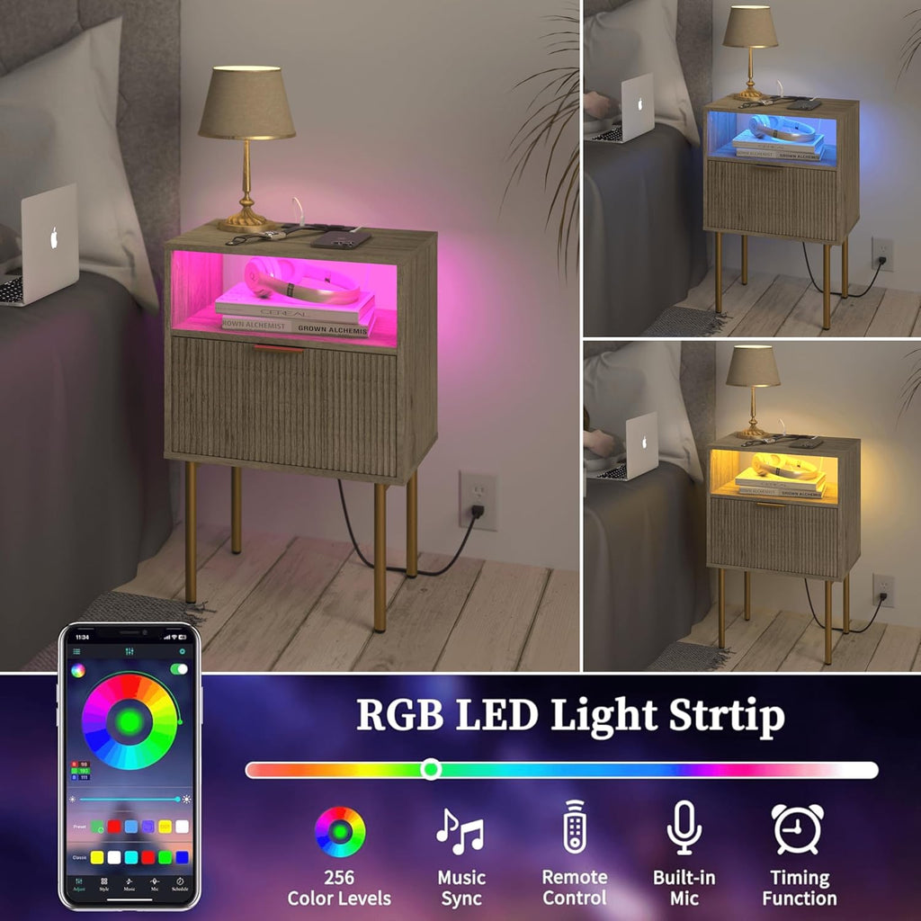 Modern Nightstand with Charging Station and LED Lights, White Bedside Table with Drawer, Fluted Side Table