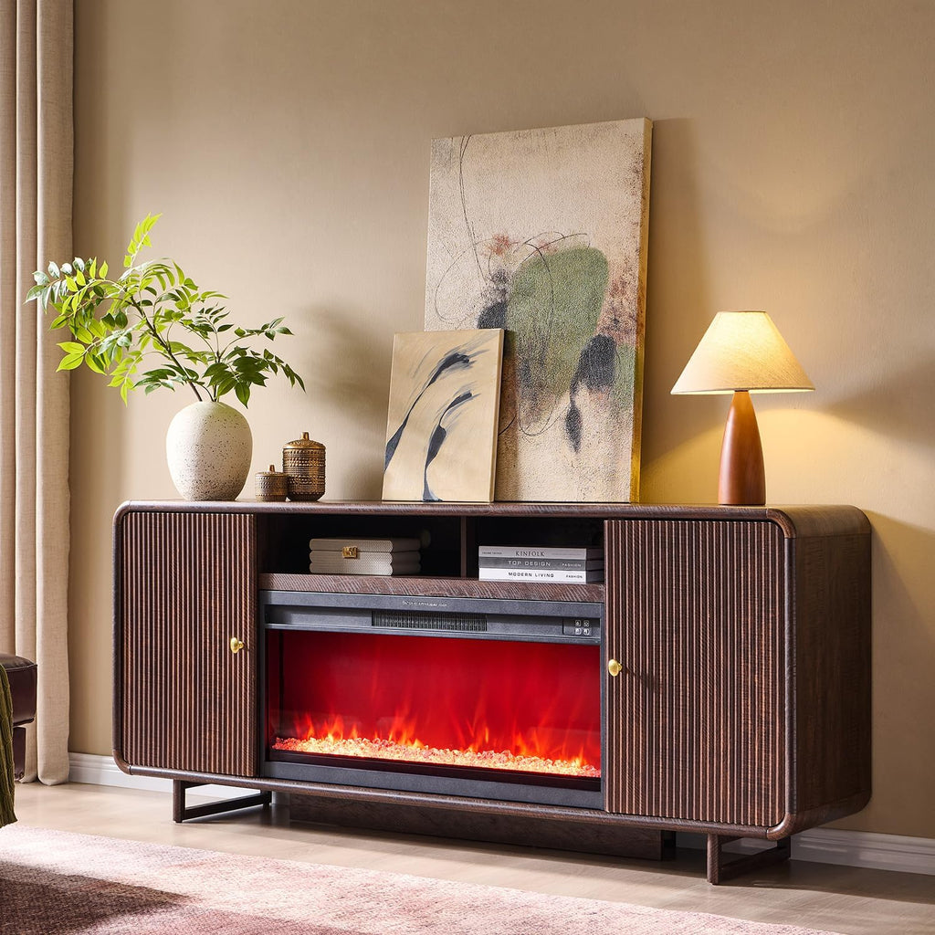 70 Inch Modern Fireplace TV Stand for TVs up to 80 Inches, Fluted Entertainment Center with 36 Inch Electric Fireplace, Curved Wood Media Console with Adjustable Shelves, Brown